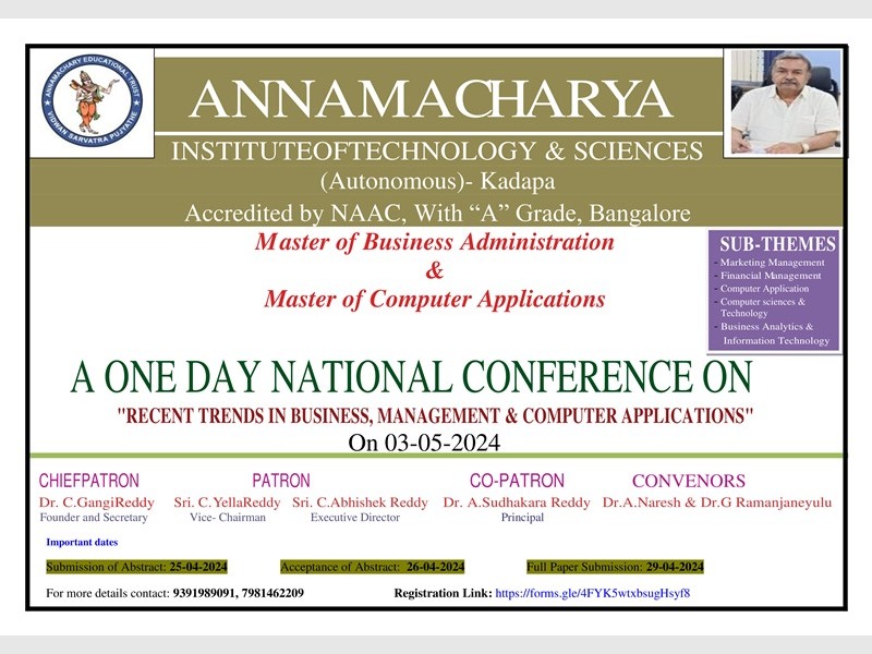A One Day NATIONAL CONFERENCE on RECENT TRENDS IN BUSINESS, MANAGEMENT & COMPUTER APPLICATIONS on 03-05-2024