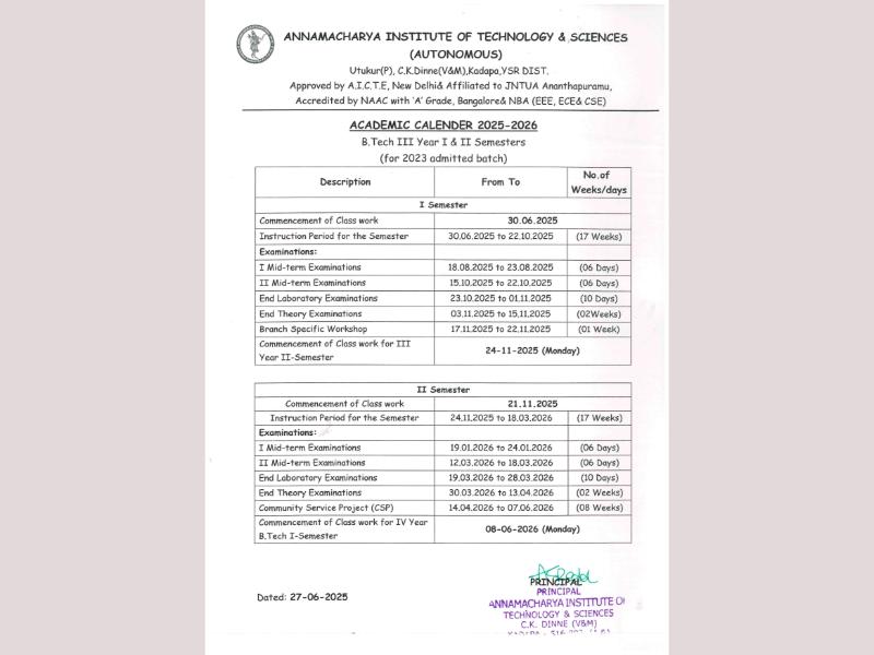 B.Tech III Year Academic Calendar 2025-2026