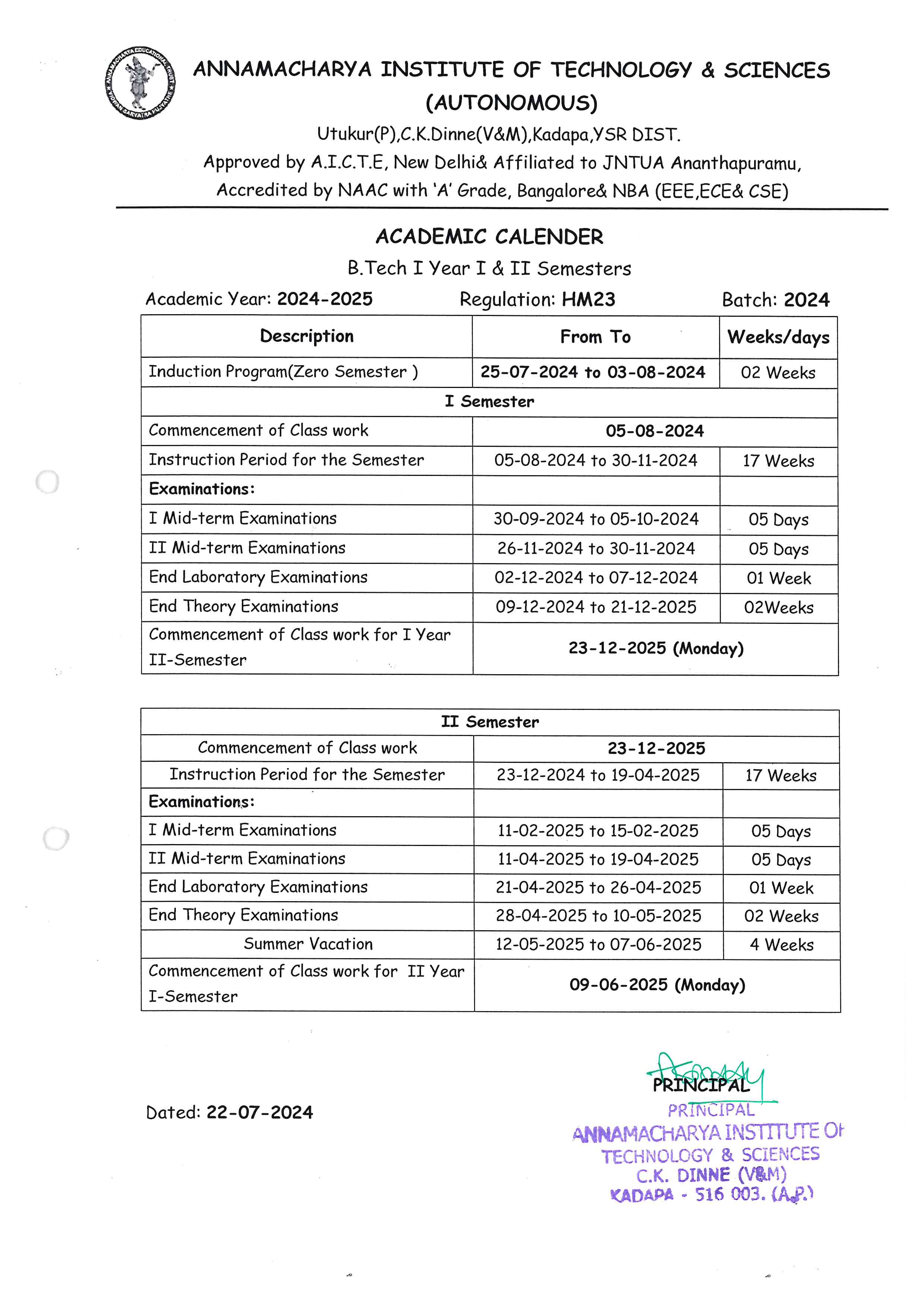 B.Tech Academic Calender - 2023-24