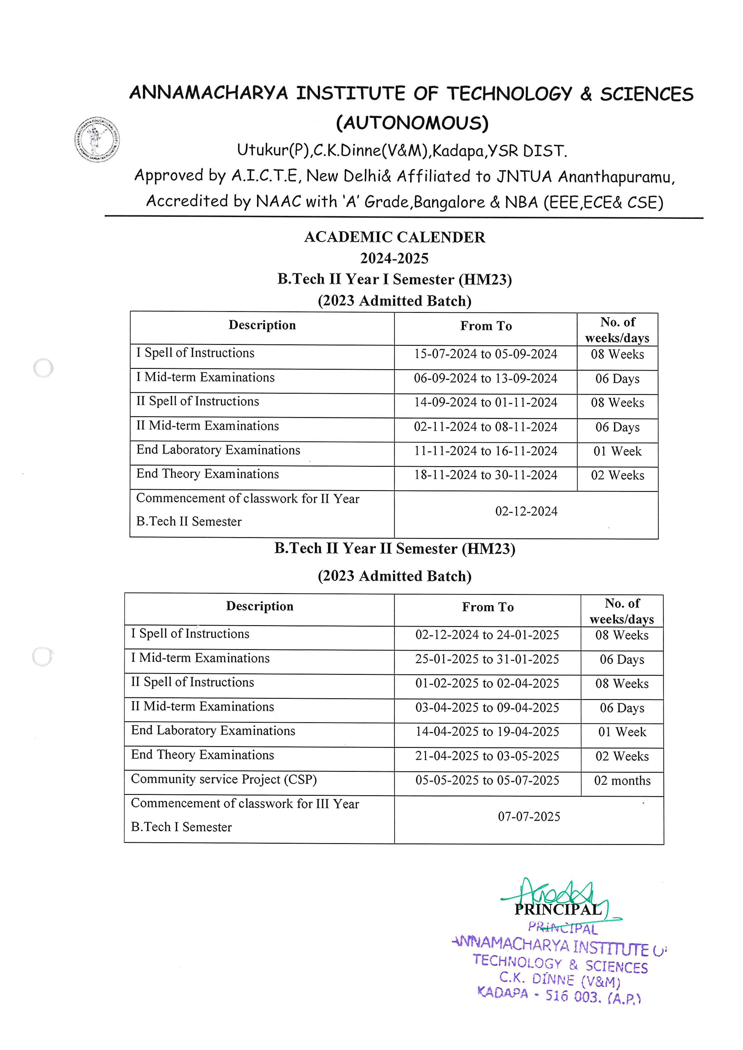 B.Tech Academic Calender - 2023-24