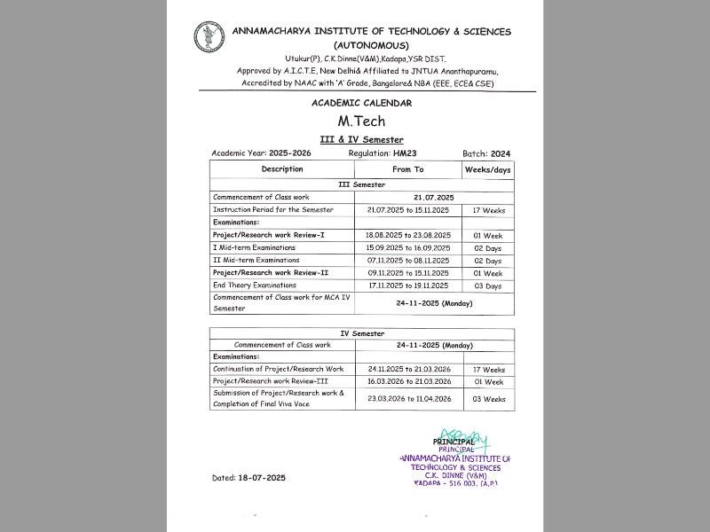 M.Tech III & IV Sem Academic Calendar